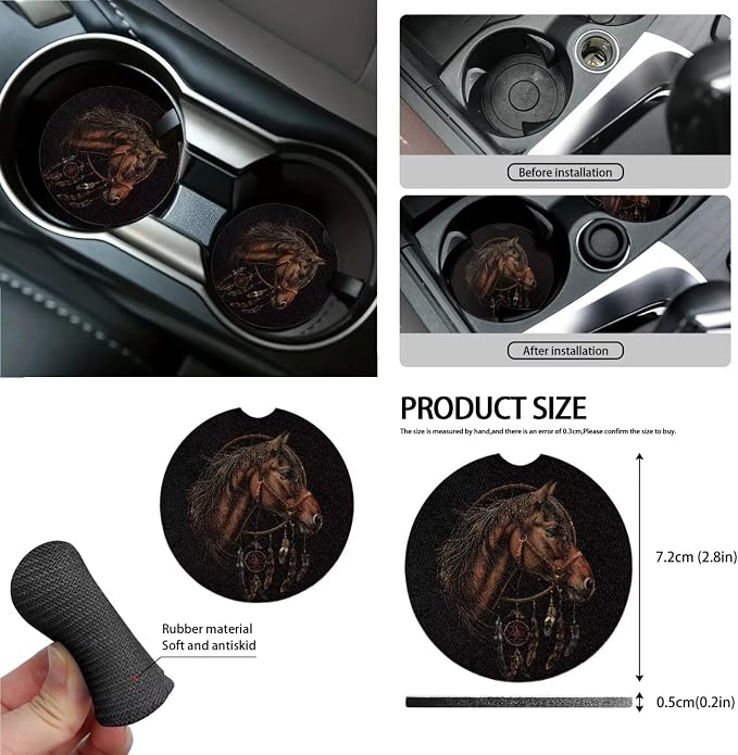 Horse Dreamcatcher Pattern Auto Accessories Set of 13, Car Front and Back Seat Covers Full Set + Steering Wheel Cover + Safe Belt Pad for Car + Coasters with Notch