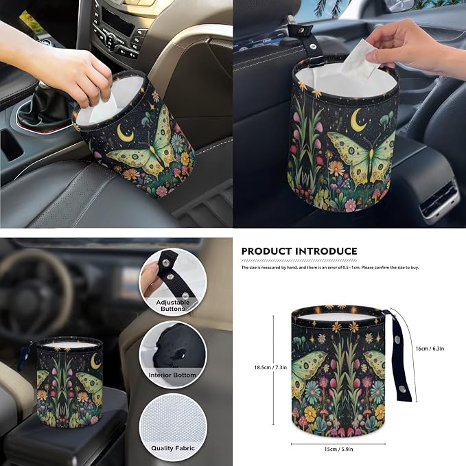 Moon Moth Seat Covers for Cars Full Set 15 Pcs Car Accessories Steering Wheel Cover Seat Belt Pads Car Coasters Trash Bag Rearview Mirror Cover Keychain