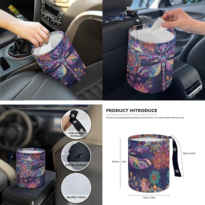 Boho Floral Dragonfly Auto Interior Accessories Car Seat Covers with Auto Steering Wheel Cover Seat Belt Covers Car Trash Can View Mirror Cover Coaster Keychains