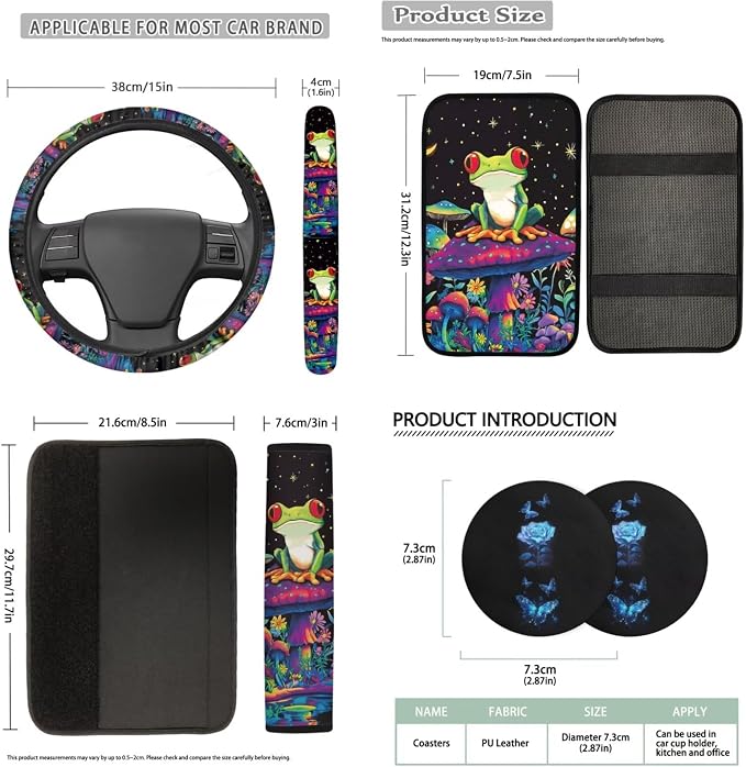 Bulopur Mushroom Frog Vehicle Seat Covers Front and Rear with 15 Inch Steering Wheel Cover Breathable Center Console Cushion Car Seat Headrest Covers Seat Belt Pads Vehicle Interior Decor Set