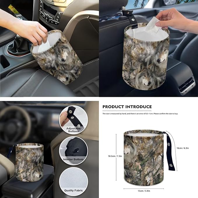 15Pcs Camo Hunting Wolf Car Seat Cover Full Set for Women Men with Car Steering Wheel Cover Seat Belt Cover Trash Bin Front Rear View Mirror Car Cup Holder Keychain