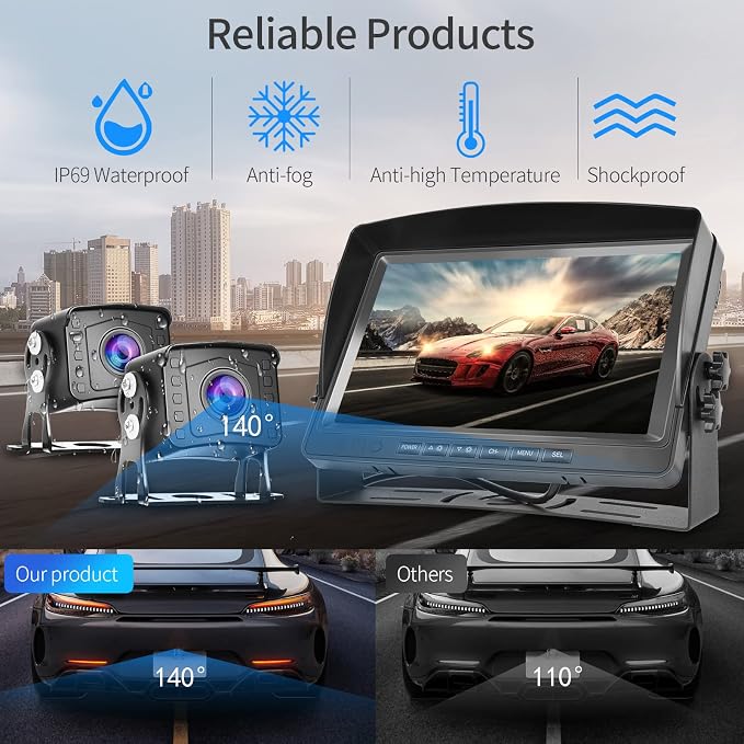 Dual RV Backup Camera System 1080P, Hodozzy 9 Inch AHD Reversing Camera Monitor Wired IP69 Waterproof Full Color Night Vision Loop Recording Car Reversing Rear View Camera for Truck/Trailer/RV 12-35V