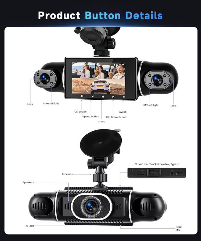 4 Channel 360 Dash Cam Front Rear Inside Left Right 3 Inch 2K Car Dash Camera with WiFi Night Vision Motion Detection 24H Parking Mode Loop Recording Reverse Monitor Without 64G TF Card