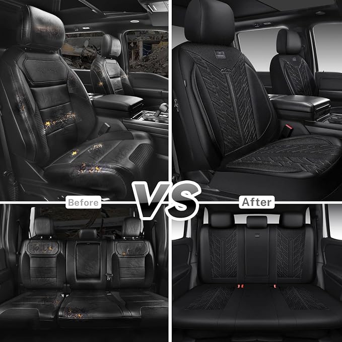 CAR PASS Leather Oxford Car Seat Covers Full Set,Heavy Duty Car Seat Covers Waterproof,Universal Fit for Trucks SUV Sedan Most Cars,Non-Slip,Armrest Airbag Compatible,All Black 3D Tyre Embossed