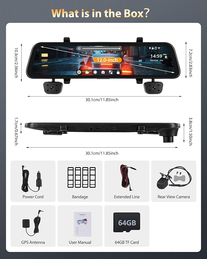 4 Channel Mirror Dash Cam 1080P Front and Rear/Inside 12’’ Touch Screen HD Rearview Mirror Dash Cam with G-Sensor GPS Parking Monitor Built-in WiFi