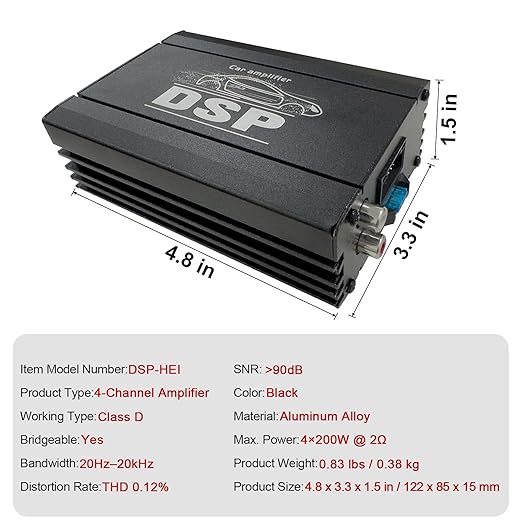 DSP-HEI 4-Channel Class D Digital Amplifier — Max 800 Watts, 2-Ohm Stable, Built-in Low-Pass Crossover, Stereo Support