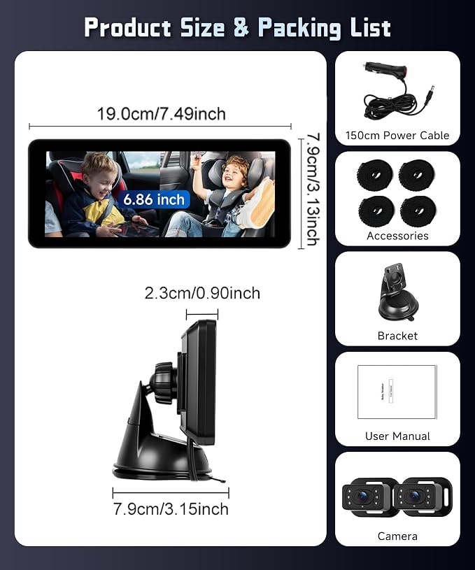 Rear Seat Baby Car Camera for Backseat HD-Rear-Facing CarBaby Monitor Night Vision, Adjustable View Angle, Easy Setup,360°Rotatable Camera, Safety for Kids 6.86“ IPS car Baby Monitor Split Screen