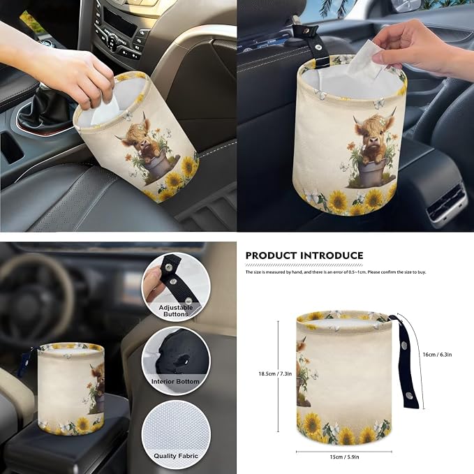 Sunflower Highland Cow Car Seat Covers Full Set for Women Cute Car Accessories Interior Car Steering Wheel Cover Seatbelt Covers Trash Bin Rear View Mirror Cover Cup Holders Keychain