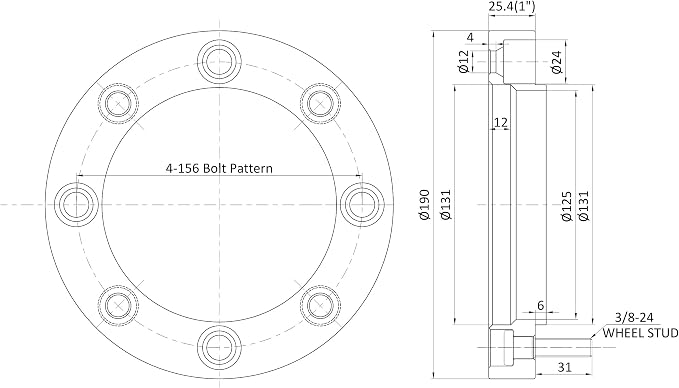 4 pcs Forged ATV UTV Wheel Spacer| 4x156 wheel spacer 1 inch 131mm hub Bore with 3/8-24 Studs, Polaris Ranger/RZR/Sportsman/Xplorer/Kawasaki 300B Lakota for Side by Side
