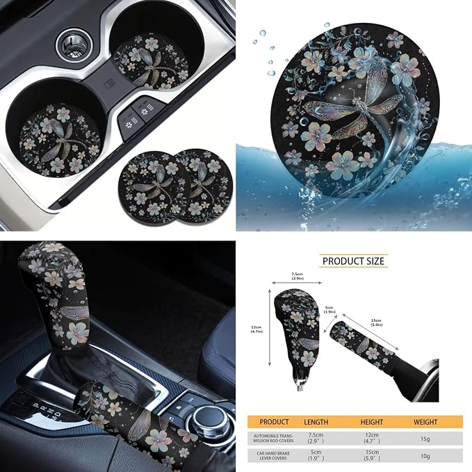 Tupalatus Dragonfly Pattern Car Seat Covers Full Set Fashion Car Interior Accessories Steering Wheel Cover Auto Seat Belt Cover Coasters Gear Shift Cover Hand Brake Cover 9 Pieces