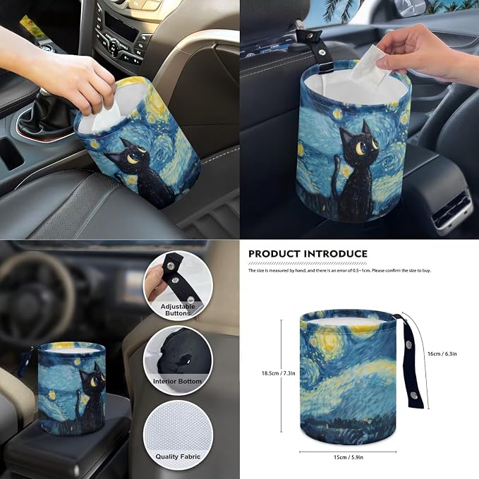 Starry Cat Print Car Seat Covers Front and Back Full Set with Steering Wheel Cover Armrest Cushion Safety Belt Pads Rearview Mirror Cover for Most Cars, Easy to Install