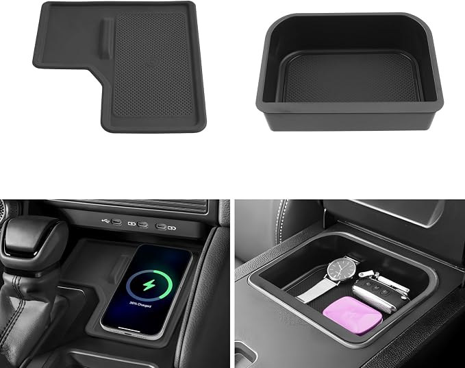 LUWU 2PCS 2026 Land Cruiser Center Console Organizer Compatible with Land Cruiser 2024 2025 2026 Accessories LC250 First Edition Center Console Storage Tray, Wireless Charging Pad (Only for Cool Box)