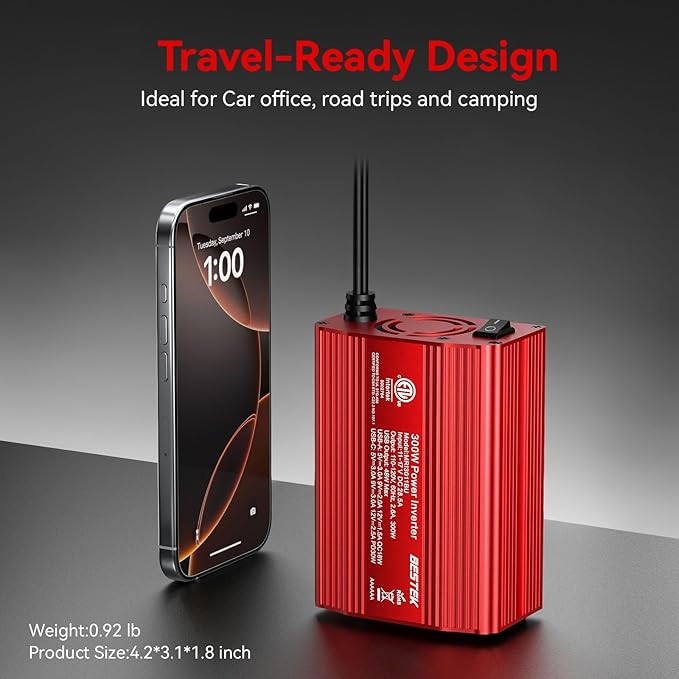 BESTEK Power Inverter DC 12V to AC 110V - 300W Car Plug Adapter Outlet with PD30W Type C & 18W USB A Port - Car Charger Cigarette Lighter Adapter for Phone, Laptop on Road Trip - Aluminum Housing