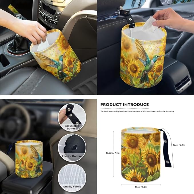 Sunflower Hummingbird 15 PCS Car Seat Cover Set with Auto Steering Wheel Cover Seat Belt Strap Protector Cup Holder Trash Bag Rear View Mirror Protector Keychain