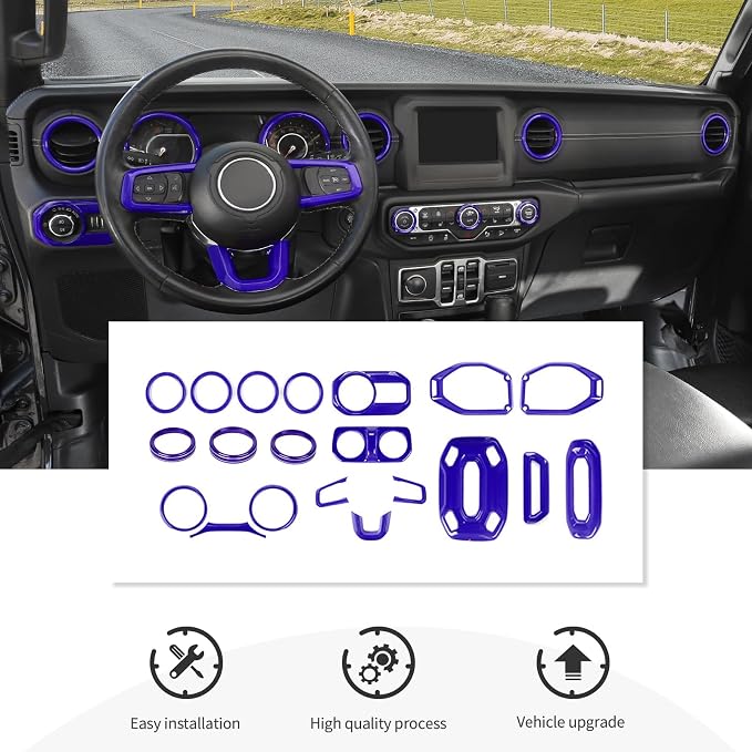 CheroCar Purple 20PCS Interior Trim Kit for Jeep Wrangler JL JLU & JT Gladiator 2018-2023,Dashboard,Steering Button Frame,AC Switch,Roof Speaker,Reading Light,Headlight Switch,Rear Air Vent Trim