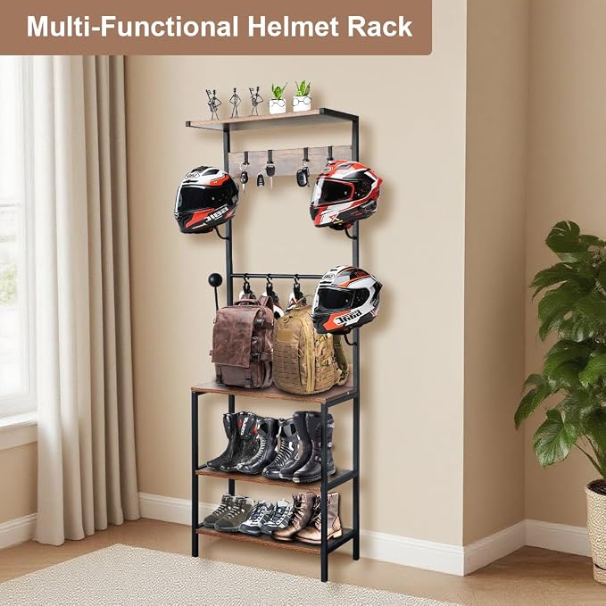Motorcycle Helmet Holder, Floor Mounted Stand Helmet Holder with 4 Helmet Rack, 4 Glove Chips and 4 Hooks, Rustic Motorcycle Helmet Rack for Motorcycle
