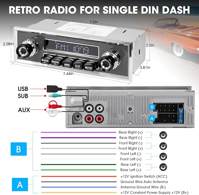 Retro Car Radio Receiver with Bluetooth: Single Din Vintage Stereo for Classic Vehicles - AM FM USB AUX Preset EQ Subwoofer Output