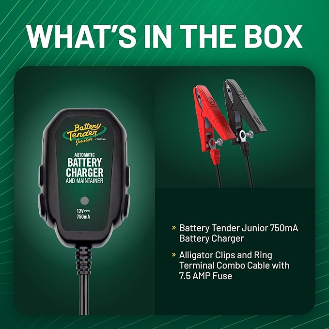 Battery Tender Junior 12V, 750mA Charger and Maintainer: Automatic 12V Powersports for Motorcycle, ATVs, and More - Smarter Than a Trickle Charger - 021-0123