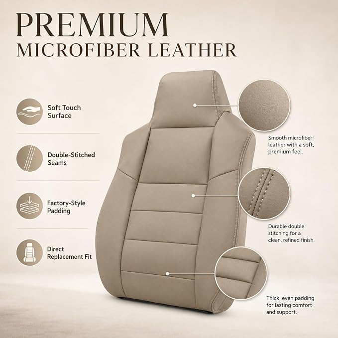 NLQR Medium Parchment Tan Leather Driver & Passenger Side Bottom & Top Lean Back Replacement Microfiber LeatherSeat Covers fit for Ford F250 F350 F450 F550 Lariat 2002-2007 & Excursion 2002-2005