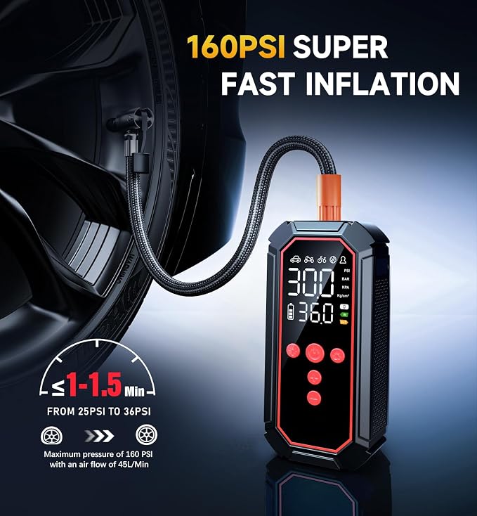Portable Jump Starter with Air Compressor - 4000A Winter Car Battery Booster for SUVs & Trucks, Road Trip Essential with Tire Inflator & Power Bank for Interstate Travel