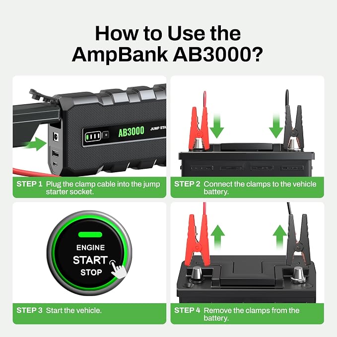 Battery Jump Starter 3000A, 12V Jumper Box for Car Battery Portable, Car Jumper for Up to 6.0L Gasoline and 4.0L Diesel Engines, AB3000 Portable Jump Starter