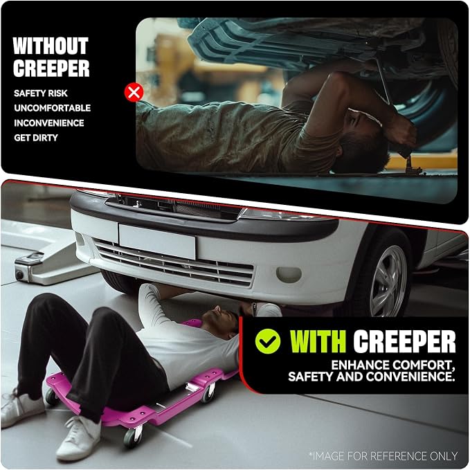 Auto Dynasty 40 Inches Mechanic Creeper, Automotive Garage Repair Low Profile Under Car Rolling Creeper with LED Light and Padded Headrest, Plastic, Purple