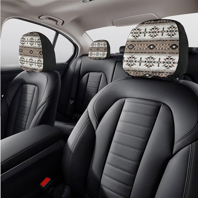 Wanyint Southwestern Aztec Brown Car Seat Cover Full Set for Women Men, with Cup Coasters Steering Wheel Protector Handbrake Gear Shift Knob Headrest Cover Auto Decor, Set of 11