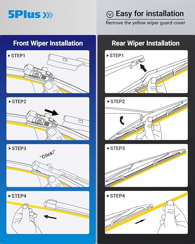 5 PLUS Wipers Replacement for Ford Fiesta 2009-2019 Windshield Wiper Blades,26"+15" Windshield Wipers with 12" Rear Wiper Blade - Factory Fit & All-Season OEM Quality (Pack of 3)