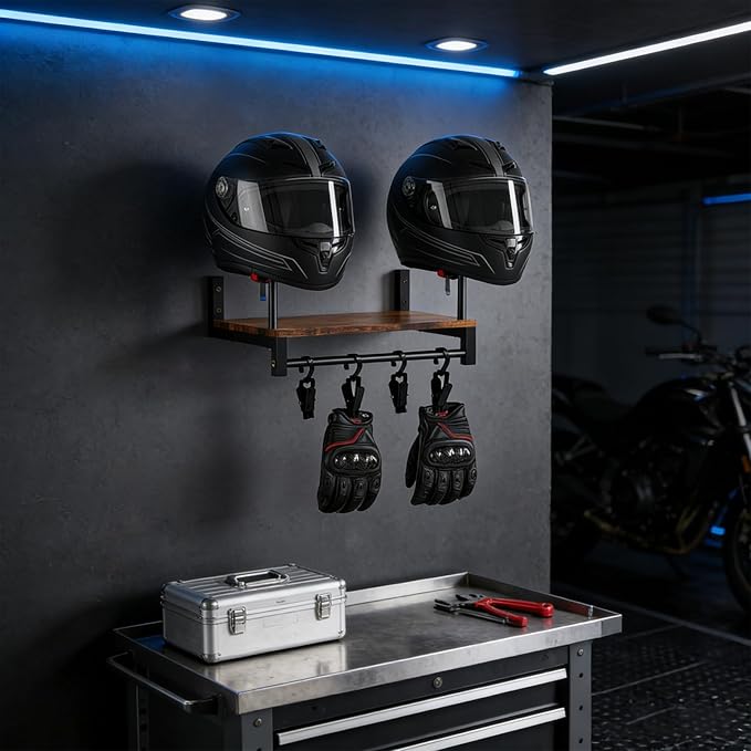 Helmet Rack Wall Mount, Motorcycle Helmets Holder with Wall Storage Hook, Wooden Motorcycle Helmet Display Stand, Retro Bike Helmets Storage Organizer, Motorcycle Accessories for Men