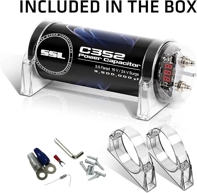 Sound Storm Laboratories C352 Car Audio Capacitor – 3.5 Farad, Energy Storage, Enhance Bass from Stereo, for Amplifier and Subwoofer, Warning Tones, LED Voltage Meter