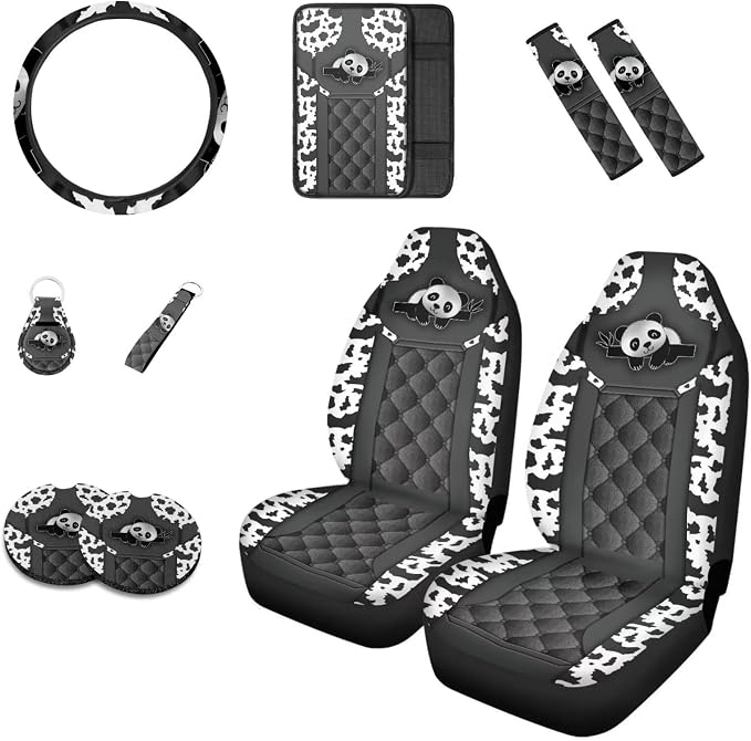 Howilath Cute Panda Print Car Seat Covers/Steering Wheel Cover/Seatbelt Pads/Coasters/Keychain/Armrest Cushion, 10pcs Auto Interior Accessories