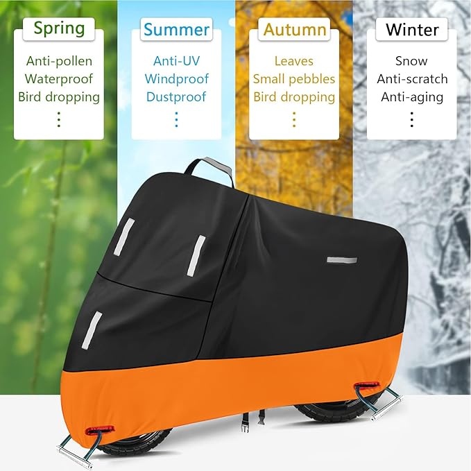 SECELES 300D Oxford Mini Motorcycle Cover Heavy Duty for Honda Grom Monkey Moped Cover Waterproof Outdoor for Khawasaki Z125 pro, Windproof Buckles & Elastic Hem (M 72" x 33" x 39", Black & Orange)