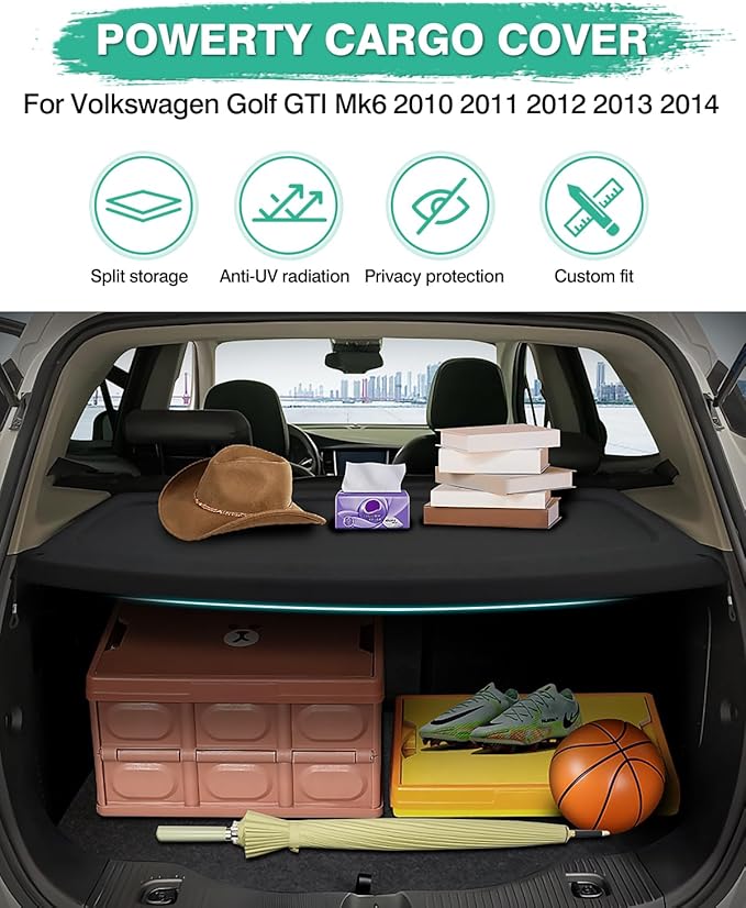 Powerty Cargo Cover for Volkswagen Golf GTI Mk6 2010 2011 2012 2013 2014 Trunk Cover Retractable Trunk Shielding Shade Accessories for VW Golf 6 Cargo Luggage Cover No Gap