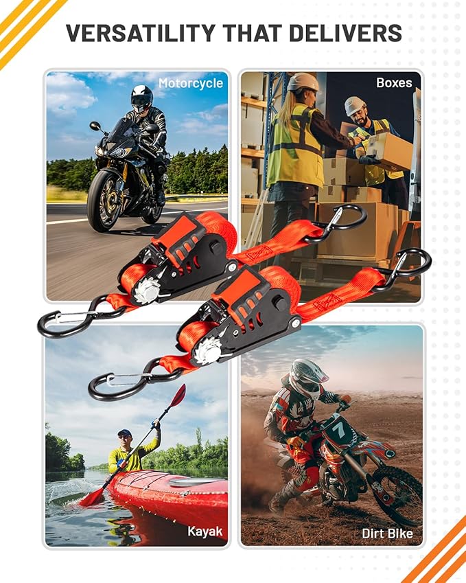 Strapinno Retractable Ratchet Straps - 1 in x 12 ft Heavy Duty Tie Downs, 1800lbs Breaking Strength Each, S Hooks with Safety Clip, AutoRetract, for Moving, Motorcycle, Boat, Kayak, and Cargo (4 PCS)