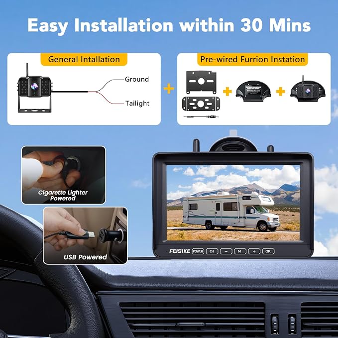 2 Wireless Backup Camera with 7" 1080p Monitor, RV Backup Camera for Furrion Pre-Wired, Recording 4-Channel Split Screen, IR Night Vision, IP69 Wide Angle, Back up Camera Systems for Truck Trailer