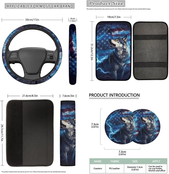 Bulopur Wolf Lightning Car Seat Covers Front and Rear with Armrest Cover Seat Headrest Cover Car Seatbelt Shoulder Strap Covers Keychain Patriotic Auto Interior Accessories Set for Van Sedan SUV