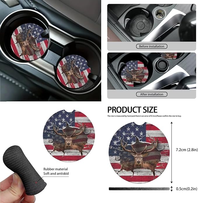 3D Deer American Flag Print Car Accessories Set of 13, 4 PCS Car Front and Rear Seat Covers, 1 Steering Wheel Cover, 4 PCS Soft Seat Belt Shoulder Pad and 4 PCS Cup Coasters Fit for SUV Van