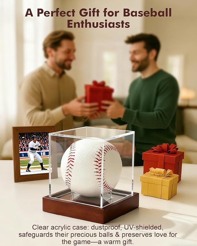 Fitense Clear Acrylic UV-Protected Sports Display Case with Solid Wood Base for Autographed Memorabilia, Baseball