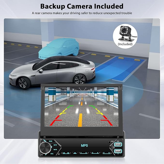 Inefala Single Din Touchscreen Radio 7'' Flip Out Screen Car Stereo with Bluetooth USB Type C Fast Charge Car Audio Receiver Backup Camera SWC FM MIC TF AUX in EQ