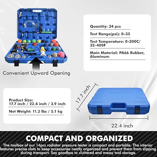 Universal Radiator Pressure Tester Kit Coolant Vacuum Refill Kit System 34pcs