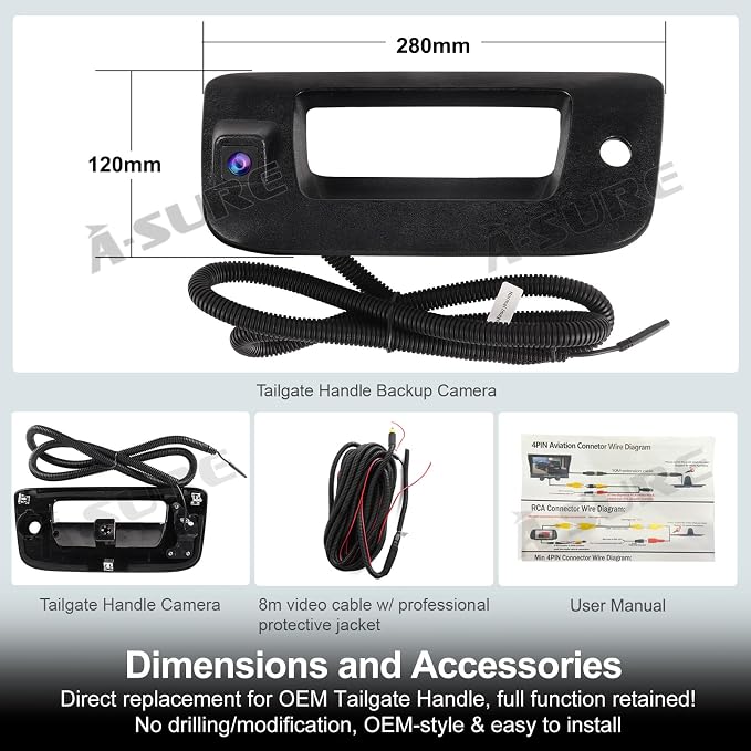 ASURE Tailgate Handle Backup Camera for Chevy Silverado GMC Sierra | Fits Silverado/Sierra 1500 2007-2013, 2500/3500 2007-2014; 1080P, 170ยฐ, Night Vision, IP68, RCA, No Drilling for Parking