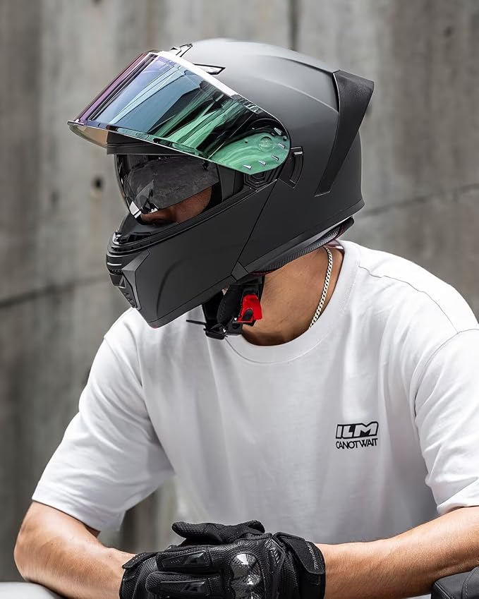 ILM Modular Motorcycle Helmet for Adults Full Face Flip up Riding with Dual Visor Street Bike Racing DOT Model MM966 (Matte Black Colorful, M)