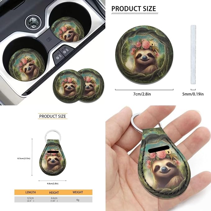 Suobstales Cute Sloth Print Car Seat Covers Full Set for Women Girly Seat Cover Protector Auto Decorative with Steering Wheel Cover +Seat Belt Covers +Coasters +Keychains