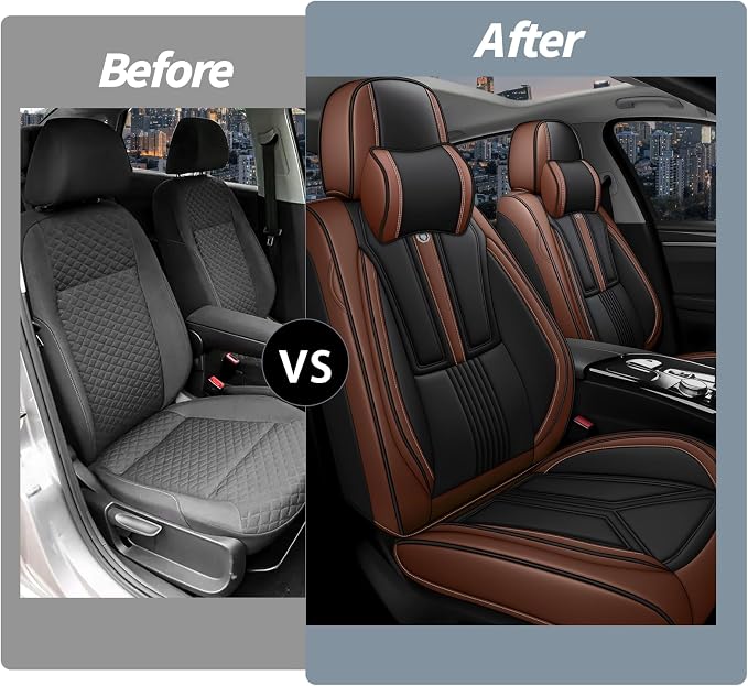 Arazi Fit for 90% of Mercedes-Benz Seat Covers, 360° Full Wrap Original Seat Cover, Waterproof Nappa Leather Seat Covers with Big Space Storage Pocket Seat Protector(2 Seats Luxury, Black&Brown)