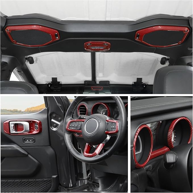 RT-TCZ for Wrangler JL Interior Trim Kit Compatible with Jeep Wrangler JL JLU Gladiator JT 2018-2023 Red Carbon Fiber Interior Accessories 23pcs