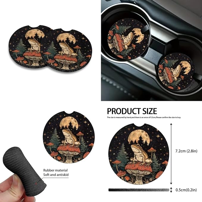 Frog Moon Mushroom Forest Pattern Auto Seat Covers Full Set, Car Interior Decor Set of 10 Steering Wheel Cover Cup Coasters Car Trash Can Air Vent Pounch Bag Keychain Universal Fit Most Cars