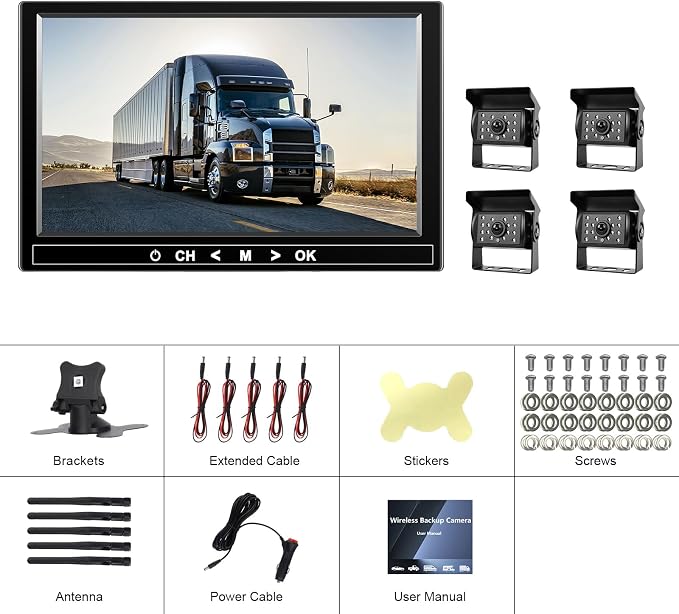9 Inch Wireless Backup Camera System, Support up to 4 Cameras, 1080P HD 150° Wide Angle, IP68 Waterproof, 4 Split View, BSD Blind Spot Detection, 12-36V Wide Voltage for Truck RV Trailer Van