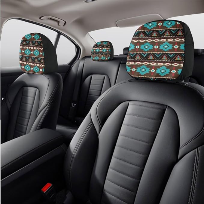 Wanyint Car Seat Cover Set 11 PCS for Men Women, with Soft Breathable Steering Wheel Headrest Cover Handbrake Gear Shift Knob Cover Coasters, Southwest Aztec Teal Brown