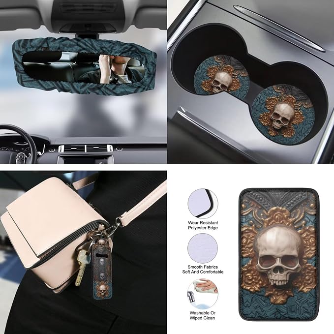 Skull Printed Auto Seat Protector with Armrest Pad Cover Leather Lipstick Holder Keychain Car Coaster Non Slip Car Seat Cover Full Set Auto Accessories Set, Blue