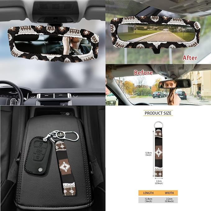 Wanyint Aztec Brown Black Car Front Back Seat Covers Full Set with Car Steering Wheel Cover Safe Belt Pads Cup Coasters Garbage Cans Rear View Mirror Cover Keychain Air Vent Storage Holder, Set of 15